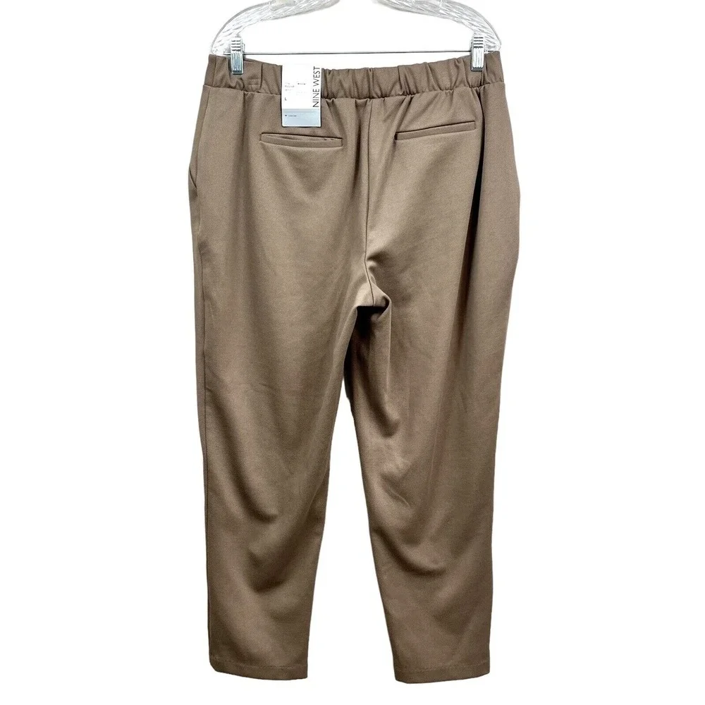 Nine West Womens Crop Pants Relaxed Straight Elastic Waist Flat Pull Up Tan L*